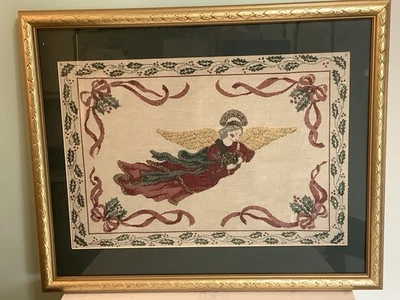 VINTAGE TAPESTRY CHRISTMAS ANGEL CUSTOM GOLD WOOD FRAME & DARK GREEN MAT - Image 1 of 4