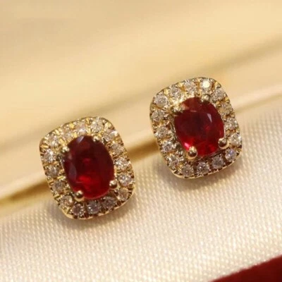 Beautiful New 18K Yellow Gold Filled Red Oval CZ with CZ Halo Stud Earrings - Image 1 of 4