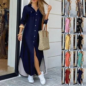 Womens Long Sleeve Casual Loose Button Down Long Maxi Shirt Dress Plus Size - Picture 1 of 54