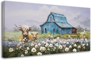 Barn Picture Highland Cow and Wildflowers Landscape Wall Art Farmhouse Canvas Pr - Picture 1 of 6
