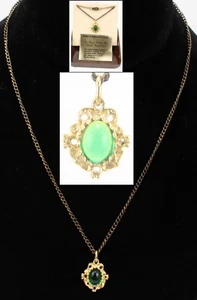 Vintage Ronte of Hollywood filigraner Anhänger simulierter Smaragd goldfarben Halskette - Bild 1 von 10