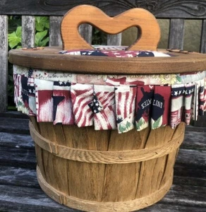 Patriotic Apple Sewing Bushel Basket Split Lid Flag Wood - Picture 1 of 12
