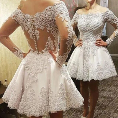 Lace Appliques Short Wedding Dresses Long Sleeve Off Shoulder Mini Bridal Gowns - Image 1 of 4