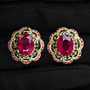Stunning Pinkish Red Ruby 6.74Ct 925 Sterling Silver 24K Gold Plated Earrings - Picture 1 of 5