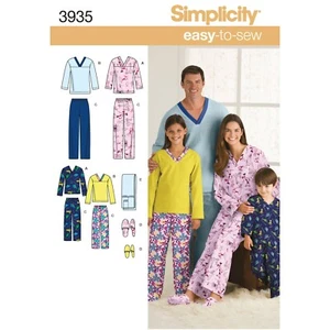 Simplicity 3935 XS-XL EASY Family Pajamas Slippers PJ Sleep Shirt Pant Pattern - Picture 1 of 5