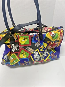 Vintage 1993 Looney Tunes Duffle Bag Bugs Taz Tweetie Characters purple black L - Picture 1 of 11