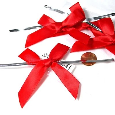 BEDAZZLINBEADS 10 Small 3 inch Bright Red Soft Satin Christmas Bows with Silver Twist Wire Tie