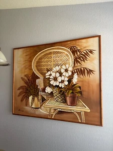 Kenton Wicker Peacock Chair and Table Painting in Faux Bamboo Frame - Picture 1 of 7