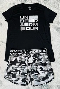 Girls Under Armour Black/White/Gray T-Shirt & Shorts Set Sz/ EXTRA LARGE (18-20) - Picture 1 of 8