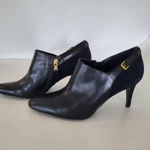 LAUREN RALPH LAUREN 8.5 PABLA Black Leather Booties Gold Buckle 3" Stiletto City - Picture 1 of 17