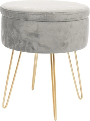 Grey Velvet Round Footstool with Storage & Gold Legs – Modern Vanity Pouffe - Image 1 of 4