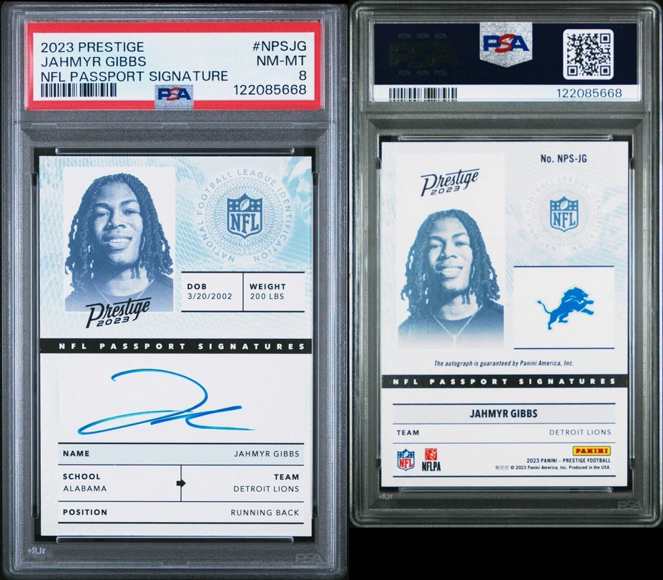 2023 PANINI PRESTIGE NFL PASSPORT SIGNATURE #NPSJG JAHMYR GIBBS PSA 8 - Image 1 of 1