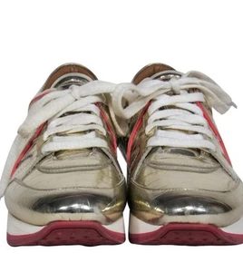 Jimmy Choo - Gold Reptile Embossed Lace-Up Platform Sneakers w/ Pink Trim Sz 6.5 - Picture 1 of 7