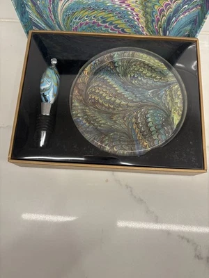 Posavasos de vino marmoleados y tapón de botella conjunto de dos empresas caja original pavo real Foto 1 de 2