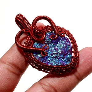 Purple Titanium Druzy Gemstone Copper Pendant Handmade Wire Wrap Jewelry 2.3" - Picture 1 of 6