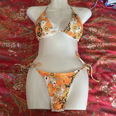 L Retro 60’s/70’s Inspirado Flor Floral Bikini Conjunto Naranja Amarillo Blanco Margarita Foto 1 de 4