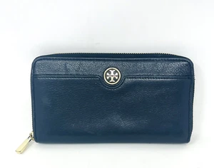 Tory Burch Womens Wallet Black Leather Continental Full Zip Gold Metal Logo Card - Picture 1 of 24