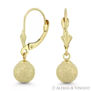 Matt Satin-Oberfläche hohler Ball 14k Gelbgold hängende Drop Leverback Ohrringe - Bild 1 von 5
