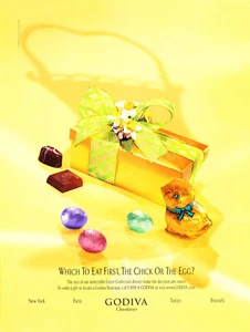 GODIVA CHOCOLATE AD #24 MAGAZINE promo AD 2001 WHICH TO EAT FIRST, THE CHIC OR.. - Picture 1 of 1