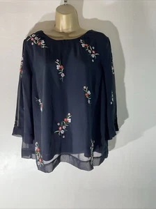 Womens M&Co Uk 16 Black 3/4 Sleeve Embroidered Overlay Casual Shirt Blouse Top - Picture 1 of 6