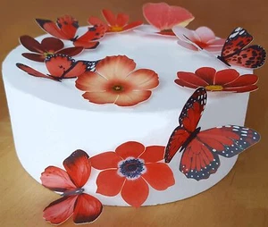 * PRE-CUT BEAUTIFUL RED BUTTERFLY & FLOWER EDIBLE WAFER CAKE TOPPERS DECORATIONS - Picture 1 of 4