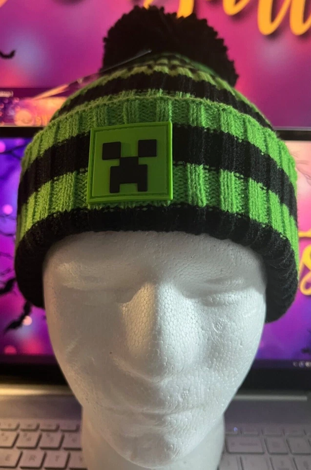 MINECRAFT Green & Black Unisex Striped Beanie Knit Hat with Pom One Size