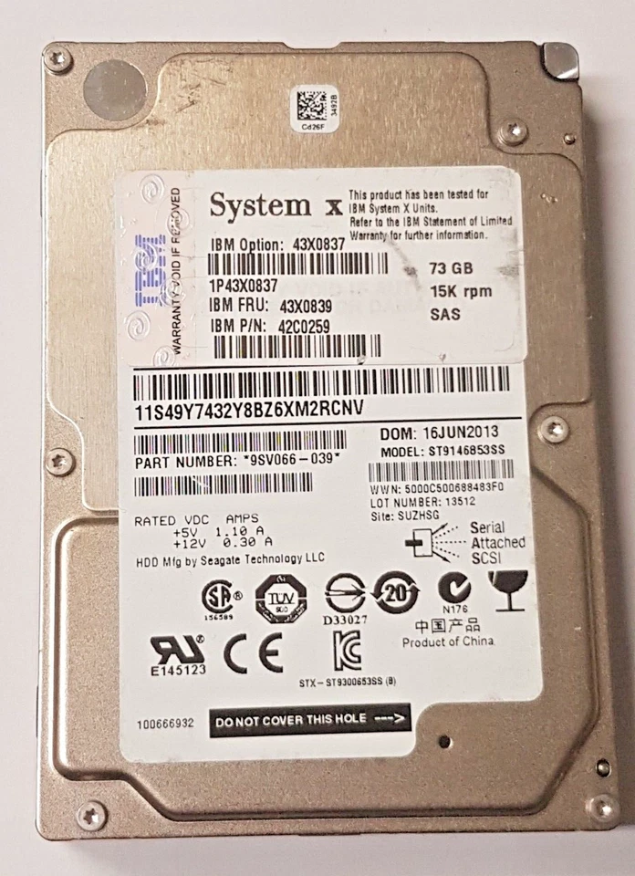 73 GB SAS IBM System X 43X0837 ST9146853SS 15K 64MB HDD 2.5 " Internal Hard - Image 1 of 1