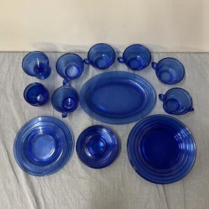 19 Hazel Atlas Moderntone Cobalt Blue Plates, Platter, cups, Saucers, C & S, FS - Picture 1 of 11