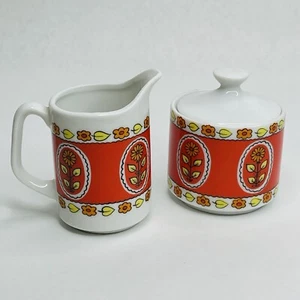 Cream Sugar Matching Set Ceramic Floral Japan MCM 60s Orange Small Kitchen - Picture 1 of 19