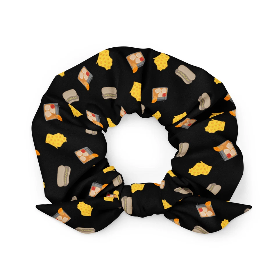 Wisconsin Cheese Brats Old Fashioned Cocktail Pattern Recycled Hair Scrunchie - Image 1 of 2