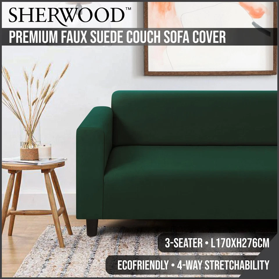3 Seater Faux Suede Stretch Sofa Cover Couch Lounge Slipcover Protector Green