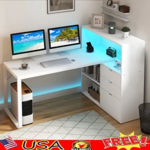 Escritorio de computadora en forma de L con tomas de corriente Luces LED Estantes de almacenamiento 3 cajones Nuevo - Imagen 1 de 13