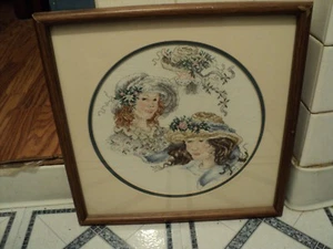 Finished Framed Counted Cross Stitch 3 ladies with hats - Picture 1 of 6