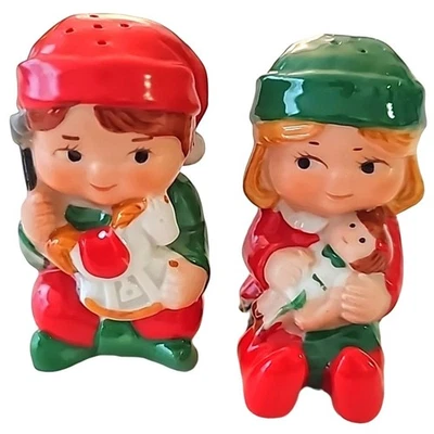 Avon Vintage 1983 Toy Making Elves Salt & Pepper Shakers Boy & Girl 2.5" x 1.5" - Image 1 of 4