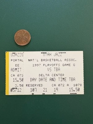 Talón de boleto de los Rockets Jazz Playoff 1997 Stockton Malone Olajuwon Drexler Barkley Foto 1 de 2