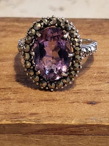 Anillo Vintage CNA 925 Plata Ovalado Amatista Marcasita Retro Art Deco 10mm - Imagen 1 de 11