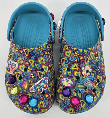 Crocs Lisa Frank Clogs Sz 2Y 207737 Blue Multicolor Hearts Flowers W/Charms - Image 1 of 4