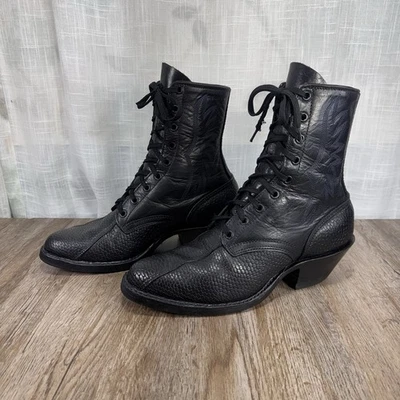Vintage Justin Feminino 9.5 Botas Empacotadoras de Couro Preto com Cadarço Western - Imagem 1 de 4