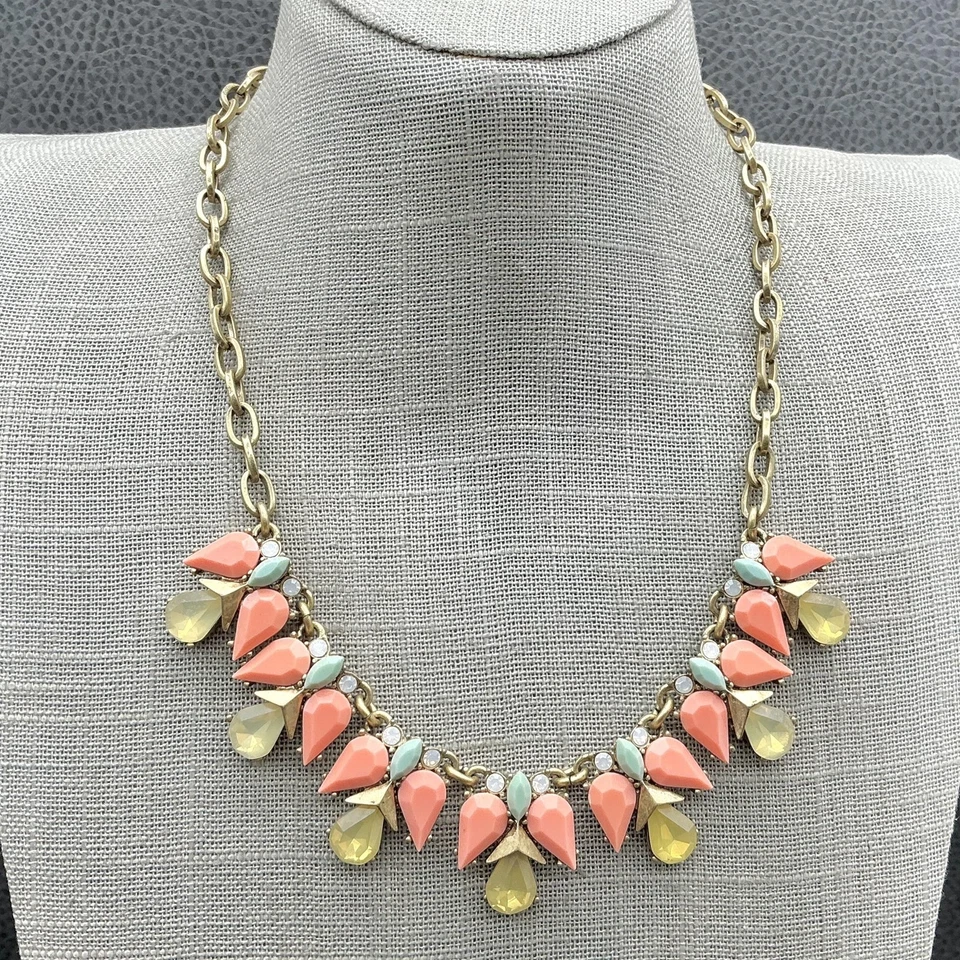 J.Crew Statement Bib Necklace Coral Mint Yellow Teardrop Stones Gold Tone Drops - Image 1 of 4