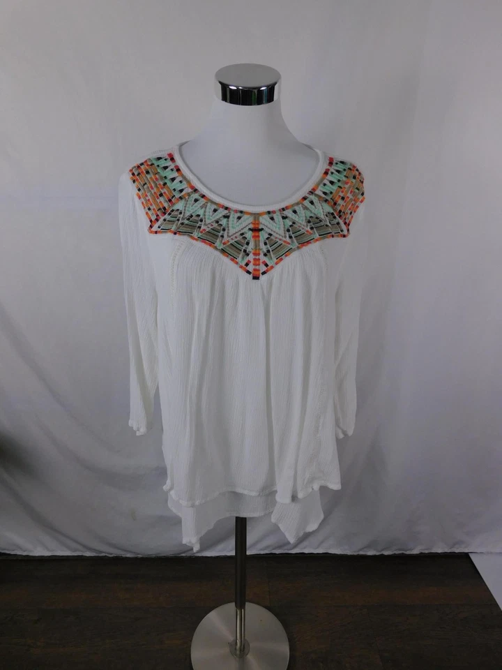 Camisa New Directions Mujer Grande Blanca Bordada Boho Campesina Manga 3/4 Foto 1 de 4
