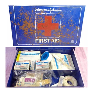 Kit de primeros auxilios Johnson and Johnson 1979 vintage caja metálica azul montaje en pared 8161 - Imagen 1 de 13