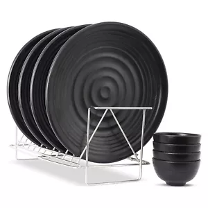 Melamine Unbreakable Plate Bowl Set- 8 Piece -Black Solid - Picture 1 of 4
