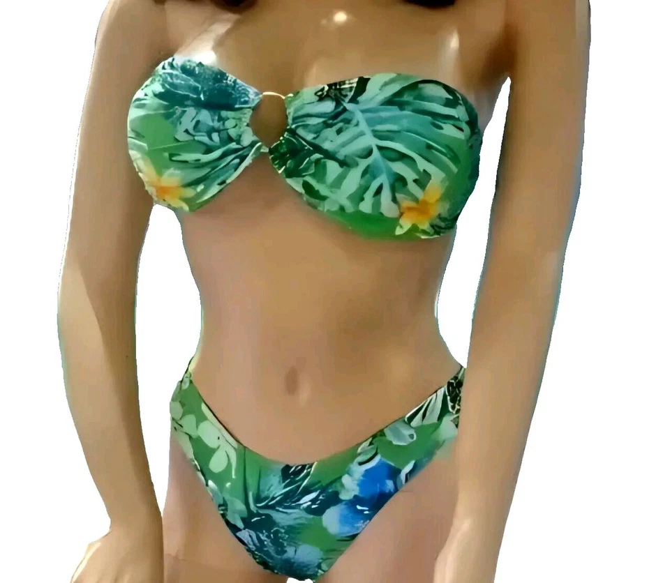 RING LINK DETAIL GREEN FLORAL BANDEAU PADDED BIKINI VARIOUS SIZES NEW - Image 1 of 2