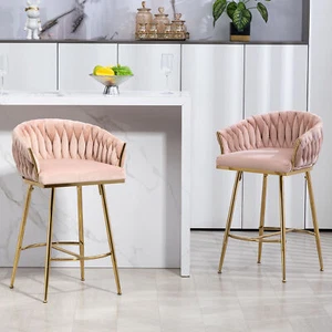 26''Counter Height Bar Stools 2Set Velvet Barstools with Back Pink W/ Metal Legs - Picture 1 of 9