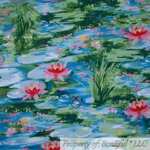 BonEful FABRIC FQ Cotton Quilt Aqua Blue Green Water Lily Pad Color Pink Flower - Picture 1 of 12