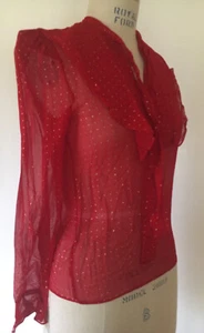Vintage 80s Sasson Sheer Top Button Down Disco Goth Red & Gold Long Sleeve - Picture 1 of 9