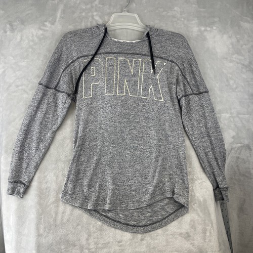 UNDERCOVER Victoria's Secret ROSA Felpa con Cappuccio XS Schiena Aperta Leggera Argento Foil Pullover Grigio