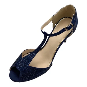 Monzón Mujeres Damas Azul Marino Satinado Tacón Alto T Correa Zapatos Sandalias Talla UK 5 Nuevo - Imagen 1 de 9