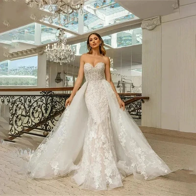Vestidos de novia de encaje sirena sin tirantes sin espalda sin espalda vestido de novia cola desmontable Foto 1 de 4