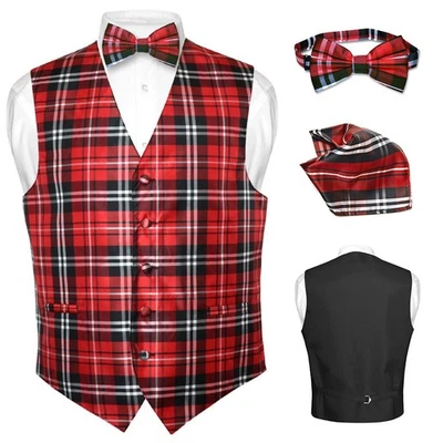 Chaleco de vestir de diseño a cuadros para hombre corbata negro rojo blanco corbata de arco conjunto traje esmoquin Foto 1 de 3